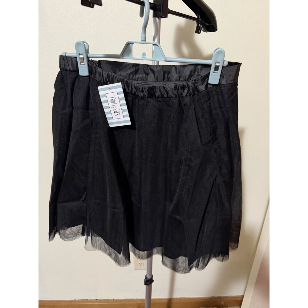 Tulip B Womens L Black Solid Layered Chiffon Pull On A-Line Short Skirt